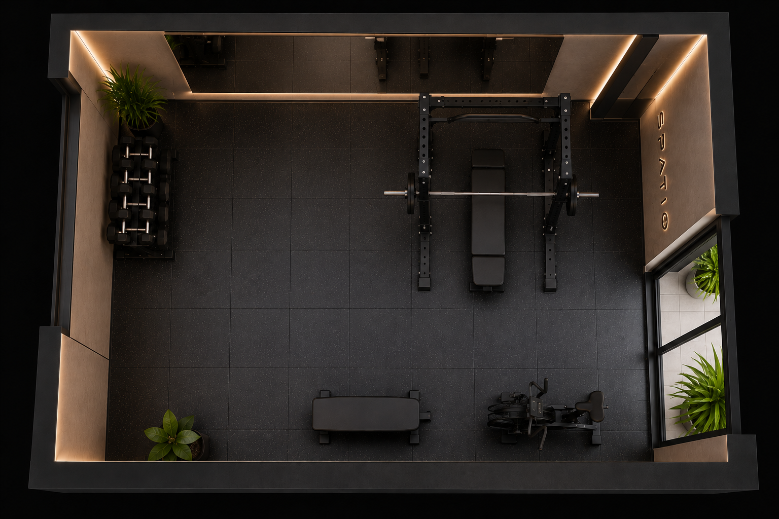 Render concettuale SPATIO — vista generale dello spazio di allenamento privato